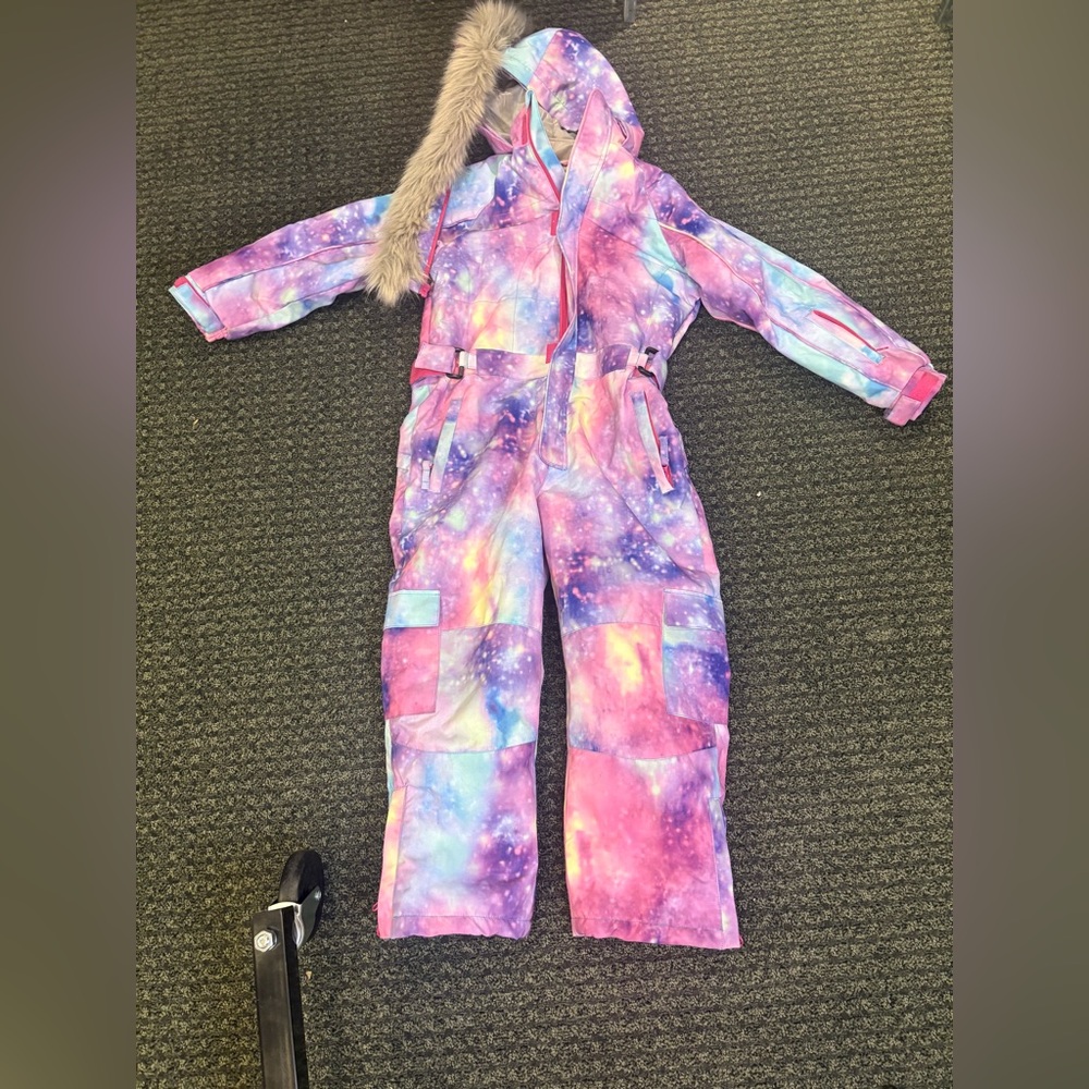 Girls Galaxy Print One Piece Snowsuit Faux Fur Hood Size 130 (7–8)